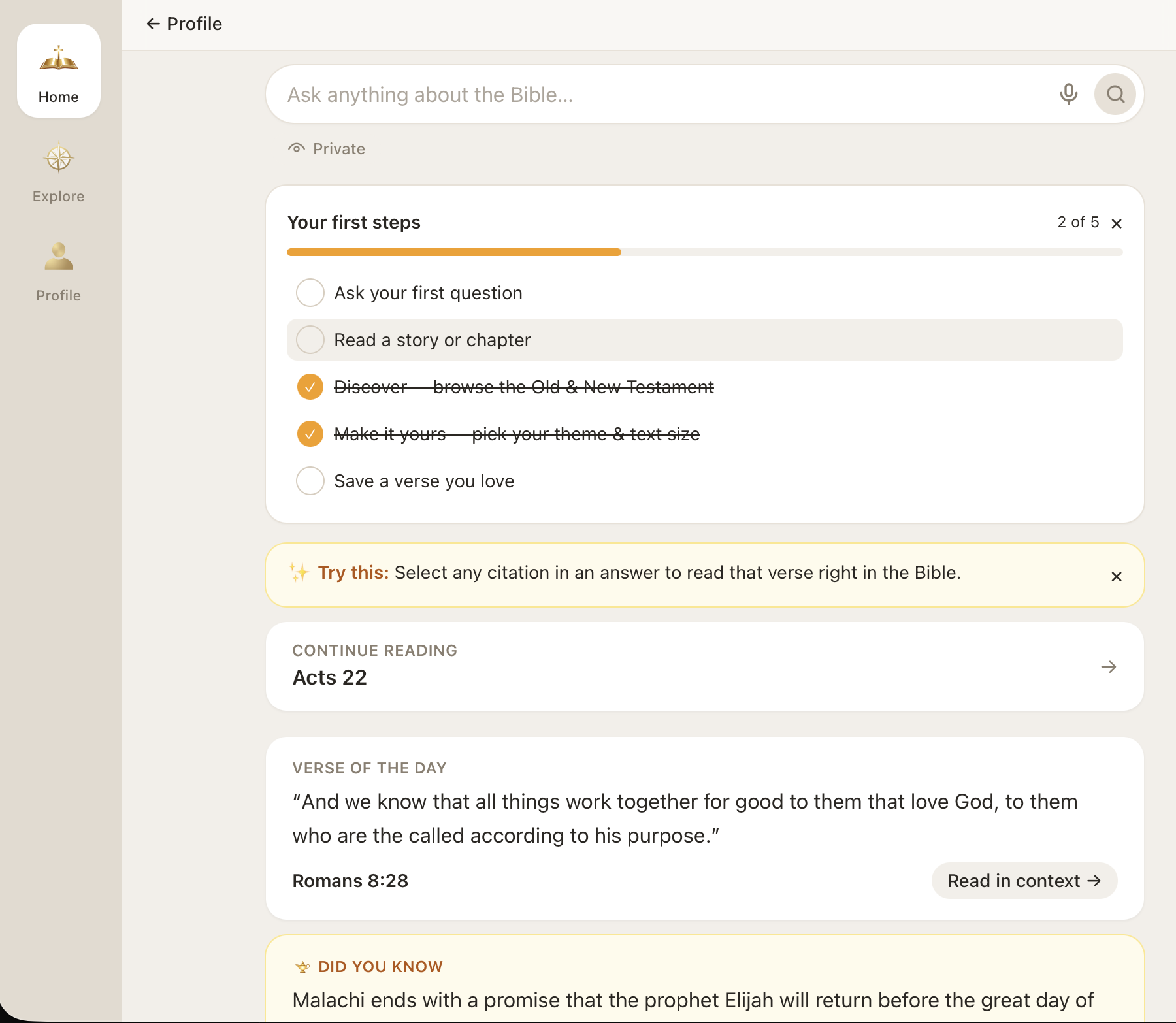 The Elumvia home screen: a single ask field above a verse of the day and recent reading.