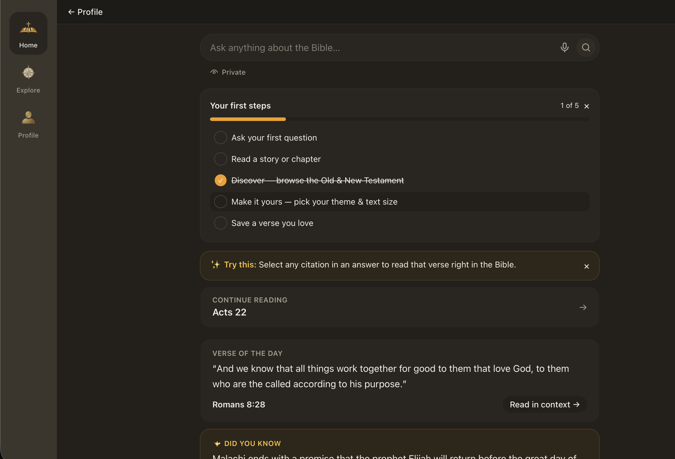 The Elumvia home screen: a single ask field above a verse of the day and recent reading.